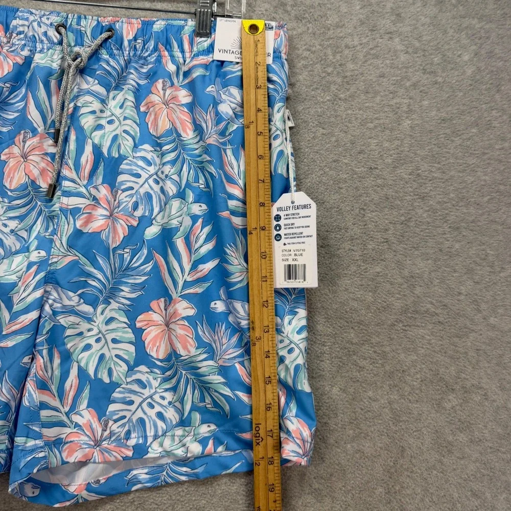 Vintage Summer Swim Trunks Men XXL Blue Tropical Turtle Floral Volley Shorts NEW
